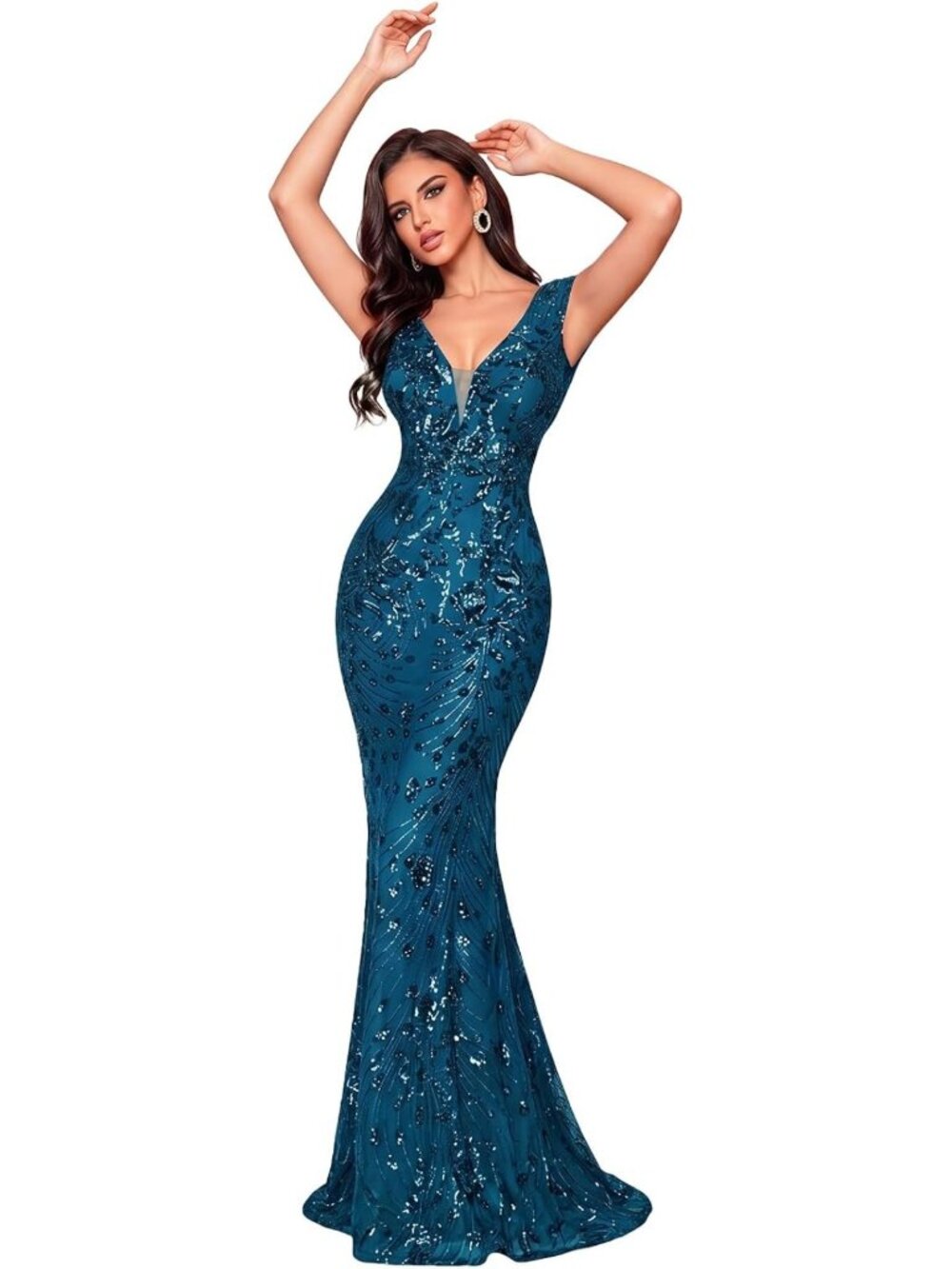 Peacock Blue Embroidered Sequin Mermaid Formal Maxi Gown Size XL
